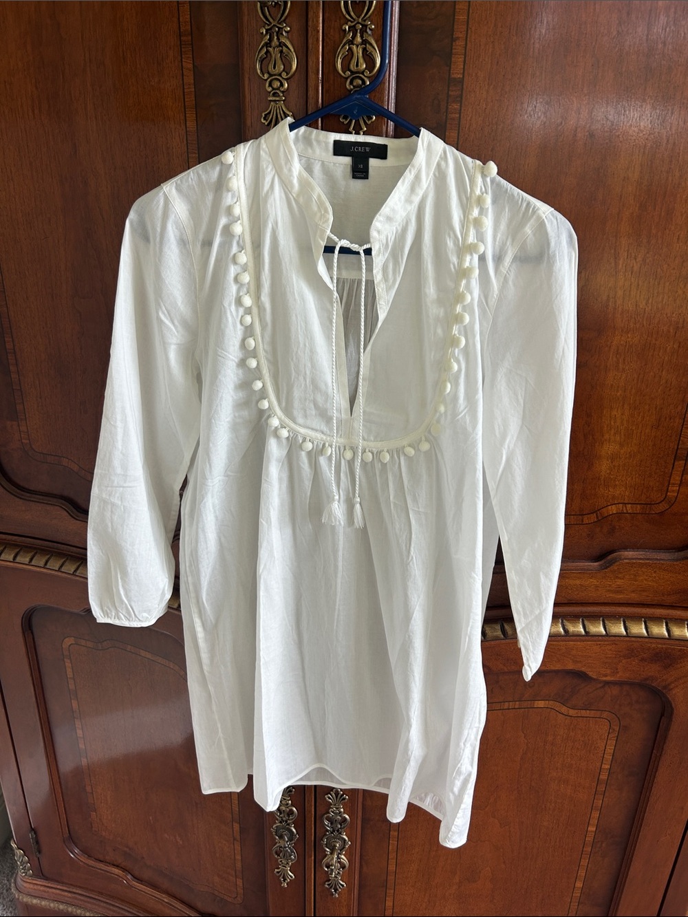 J. Crew White Cotton Pom-Tassel Peasant Tunic Top